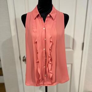 LOFT Coral Sleeveless Button-Down Blouse with Ruffle Detail Size Small